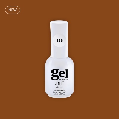 Frasco branco de gel para unhas JNC nº138 em fundo castanho.