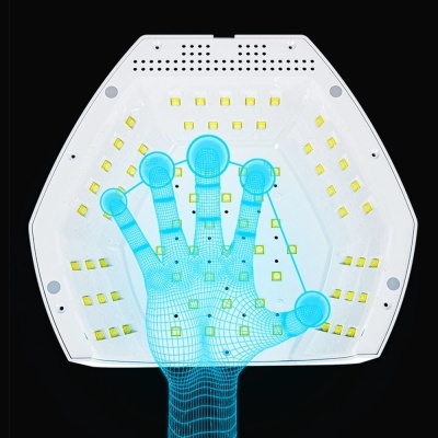Dispositivo hexagonal com LEDs amarelos e mão digitalizada azul sobreposta