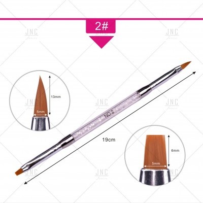 Pincel duplo para unhas com cerdas castanhas e cabo prateado, medidas indicadas.