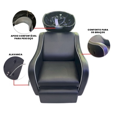 Cadeira de lavagem cabelo preta com lavatório e apoios confortáveis.