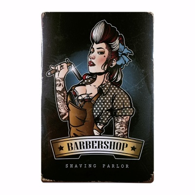 Placa metálica com mulher tatuada segurando navalha e texto BARBERSHOP SHAVING PARLOR