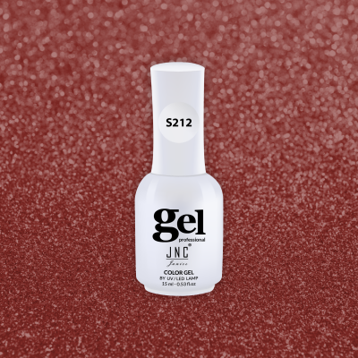 Frasco branco de verniz gel com texto preto e etiqueta S212 sobre fundo vermelho brilhante