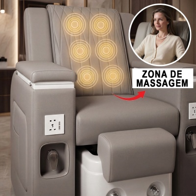Cadeira de massagem cinza com estofado em couro sintético e zonas de massagem indicadas