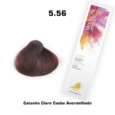 Amostra de cabelo castanho claro avermelhado e caixa de tinta de cabelo MISSCOL