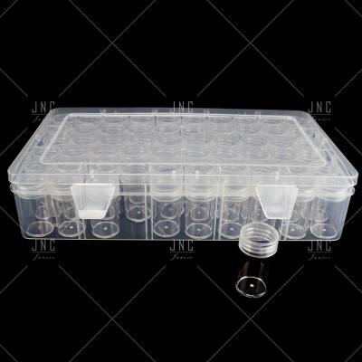 Estojo transparente com 24 frascos de plástico pequenos e tampa de rosca