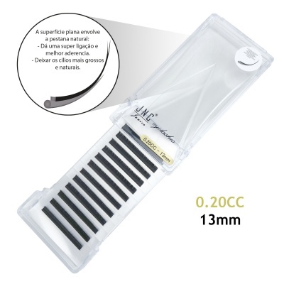 Estojo transparente com pestanas falsas pretas 0.20CC 13mm e texto explicativo em português