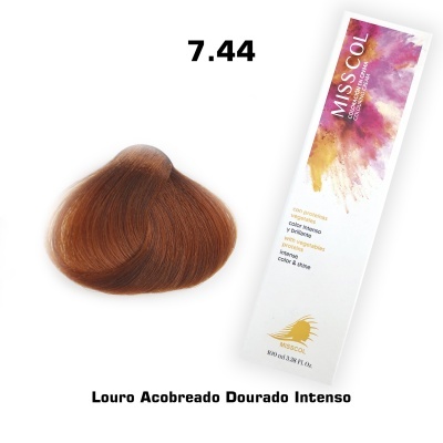 Amostra de cor de cabelo louro acobreado dourado intenso 7.44 e embalagem da MISS COL