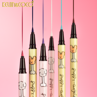 Canetas coloridas com desenhos de cachorro e texto em fundo rosa