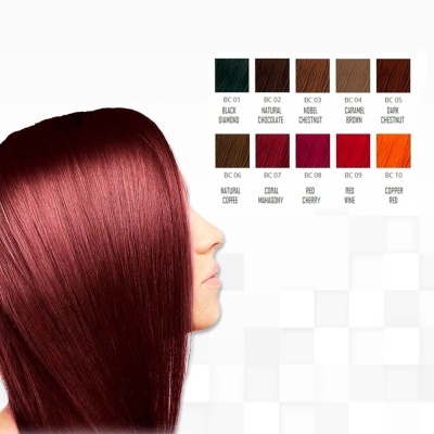 Mulher com cabelo vermelho escuro liso e amostras de cores de cabelo com nomes e códigos