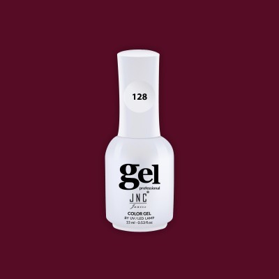 Frasco branco de verniz gel com etiqueta 128 e texto JNC sobre fundo bordô