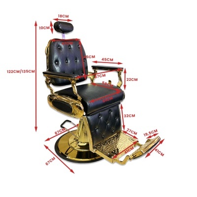 Cadeira de barbeiro preta com detalhes dourados e medidas em centímetros