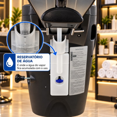 Reservatório de água em dispositivo preto com rótulo em português num ambiente interior