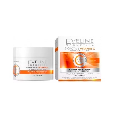 Creme iluminador Eveline Cosmetics Bioactive Vitamin C com embalagem e caixa branca com detalhes laranja e cinzentos