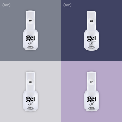 Quatro frascos brancos de verniz gel para unhas da marca JNC com números 144, 147, 037 e 074 em fundos coloridos distintos.