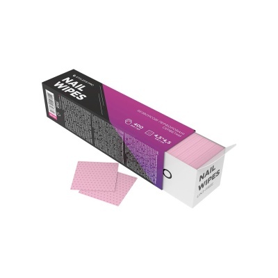 Embalagem de lenços para unhas rosa com padrão de pontos e caixa preta e roxa