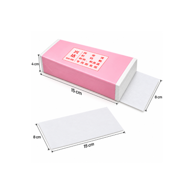 Pacote rosa de lenços de papel com texto em chinês e dimensões indicadas