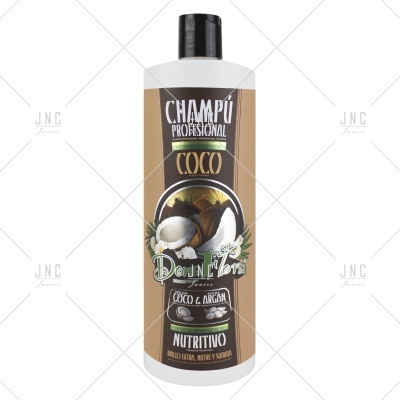 Champô profissional de coco em frasco branco com rótulo castanho e imagem de cocos