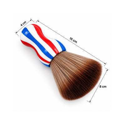 Pincel de barbear com cabo azul, branco e vermelho e cerdas castanhas