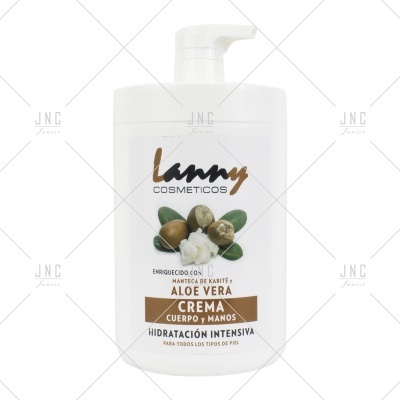 Frasco branco com doseador de creme corpo e mãos Lanny Cosméticos com manteiga de karité e aloe vera