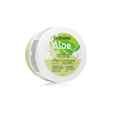 creme corporal Babaria Aloe em embalagem redonda branca e verde