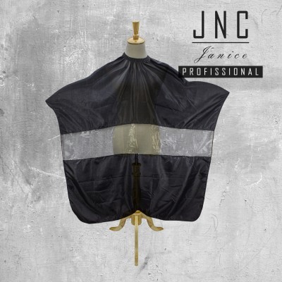 Capa de corte de cabelo preta com faixa transparente em manequim