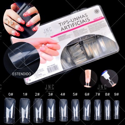 Kit de tips unhas artificiais transparentes em vários tamanhos com embalagem branca e texto em português