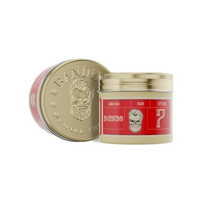 Frasco dourado e vermelho para cera de cabelo BANDIDO com rótulo e tampa em relevo