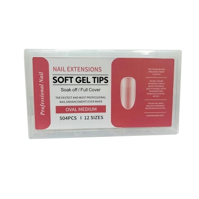 Caixa plástica com rótulo de soft gel tips para unhas em vermelho e branco