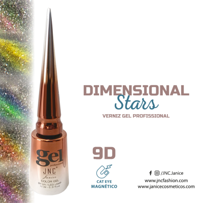 Frasco de gel para unhas bronze metálico com texto promocional e ícone magnético