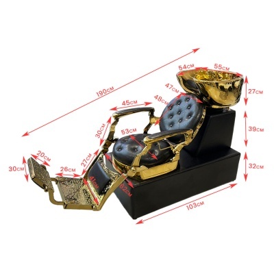 Cadeira de salão dourada e preta com lavatório, estofada em couro preto com botões e detalhes dourados