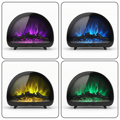 Lareiras elétricas com chamas coloridas em roxo, azul, amarelo e verde