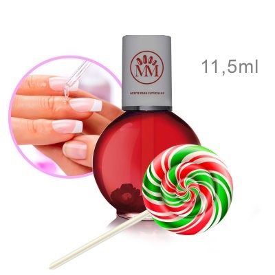Frasco vermelho de óleo para cutículas com tampa cinza e pirulito colorido