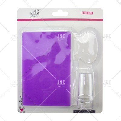 Conjunto para cuidados de unhas em embalagem transparente com base roxa, almofada de gel e suporte cúbico