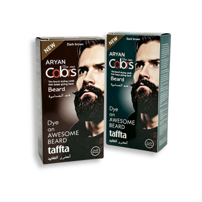 Embalagens de tinta para barbas Aryan Colors castanho escuro com imagem de homem com barba