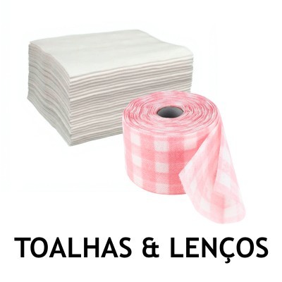 Rolos de papel toalha branco e lenços rosa quadriculados com texto TOALHAS & LENÇOS