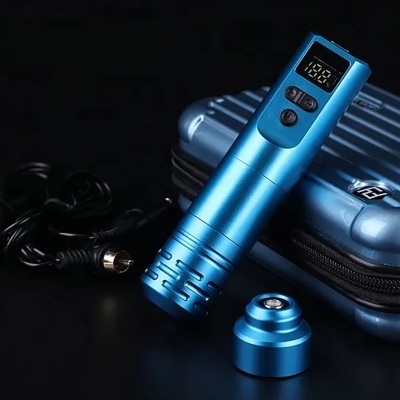 Dispositivo portátil azul metálico com visor digital, tampa e mala azul