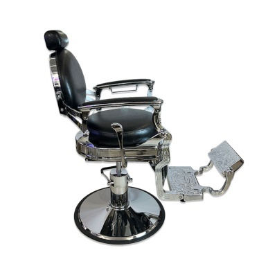 Cadeira de barbeiro com couro preto e estrutura cromada