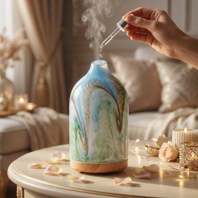 Difusor de aroma cerâmico com base de madeira e mão a pingar óleo essencial
