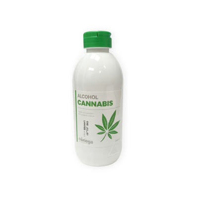 Frasco de plástico branco com tampa verde e rótulo de álcool cannabis