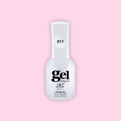 Frasco branco de verniz de gel para unhas com texto e número 011 com fundo rosa