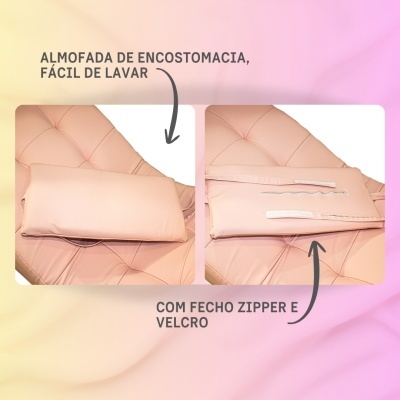 Almofada beige de encostomacia com fecho zipper e velcro sobre superfície matelassada