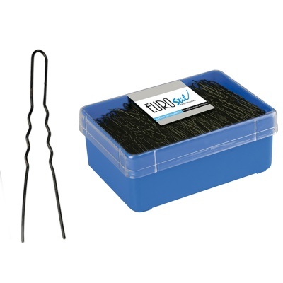 Caixa azul com grampos de cabelo pretos e tampa transparente