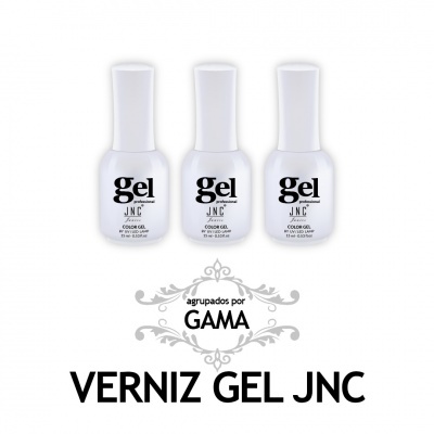 Três frascos brancos de verniz gel JNC com texto em preto em fundo branco