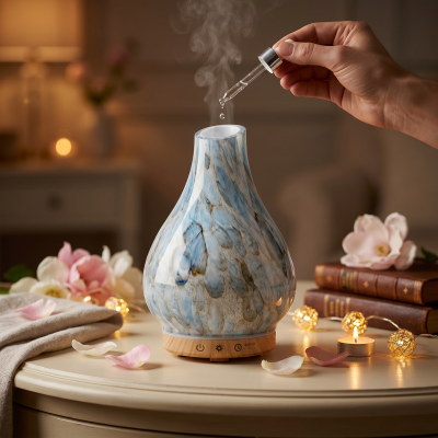 Difusor de aroma marmoreado azul e branco numa mesa com flores, livros e luzes ambiente