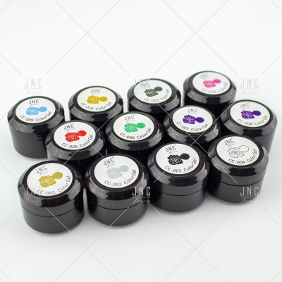 Frascos pretos de gel colorido para unhas com etiquetas coloridas e numeradas