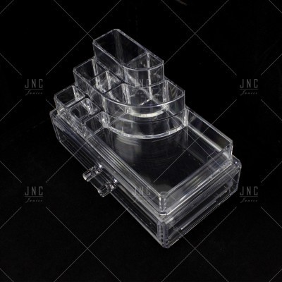 Organizador de maquilhagem em acrílico transparente com várias divisórias e gaveta