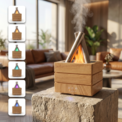 Aparelho de aroma ou queimador de madeira moderno com fogo e base em madeira