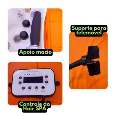 Detalhes de produto para cabeleireiro com apoio preto, suporte para telemóvel e painel eletrônico num fundo laranja.
