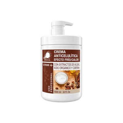 Frasco branco de creme anticelulítico com rótulo castanho e branco e dispensador