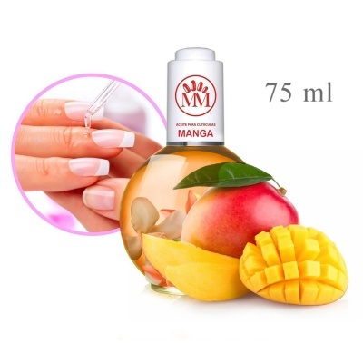 Óleo para cutículas com aroma de manga em frasco transparente de 75 ml ao lado de manga fresca e mão usando conta-gotas